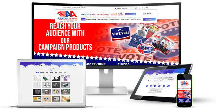 The AA Printing Service website on a desktop, laptop, tablet and phone