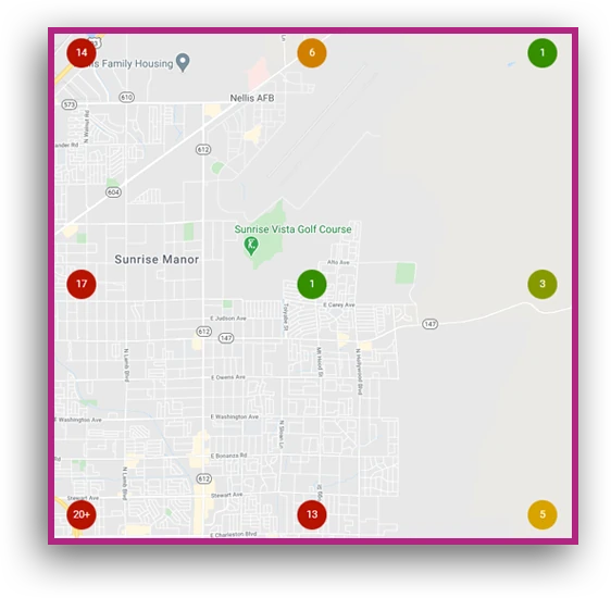 Map grid around Sunrise Manor, East Las Vegas, before: most points outside the local map top 3