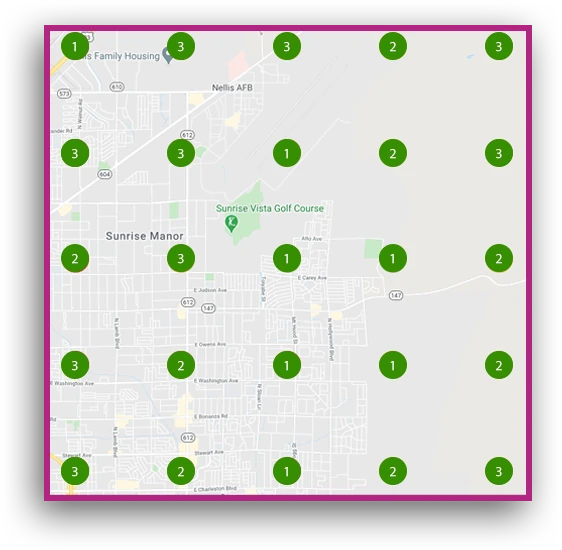 The same map grid after 60 days: every point in the top 3 of the local map results