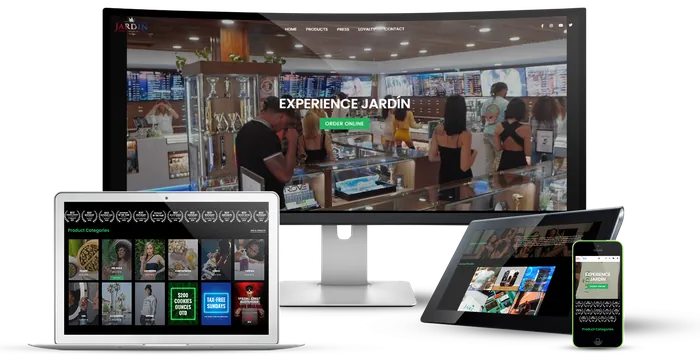 The Jardin Premium Cannabis Dispensary website on a desktop, laptop, tablet and phone