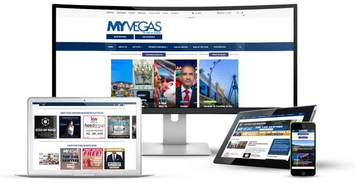 The MyVegasMag website on a desktop, laptop, tablet and phone