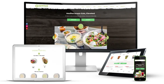The Hummus Bowls & Wraps website on a desktop, laptop, tablet and phone