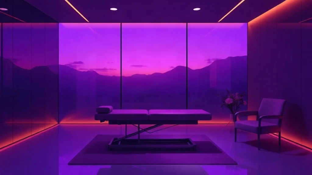 Empty chiropractic treatment room at dusk with an adjustment table