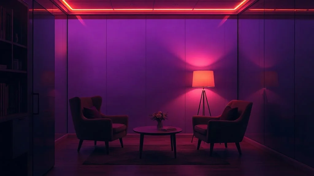 Empty therapy office at dusk with two armchairs and a floor lamp