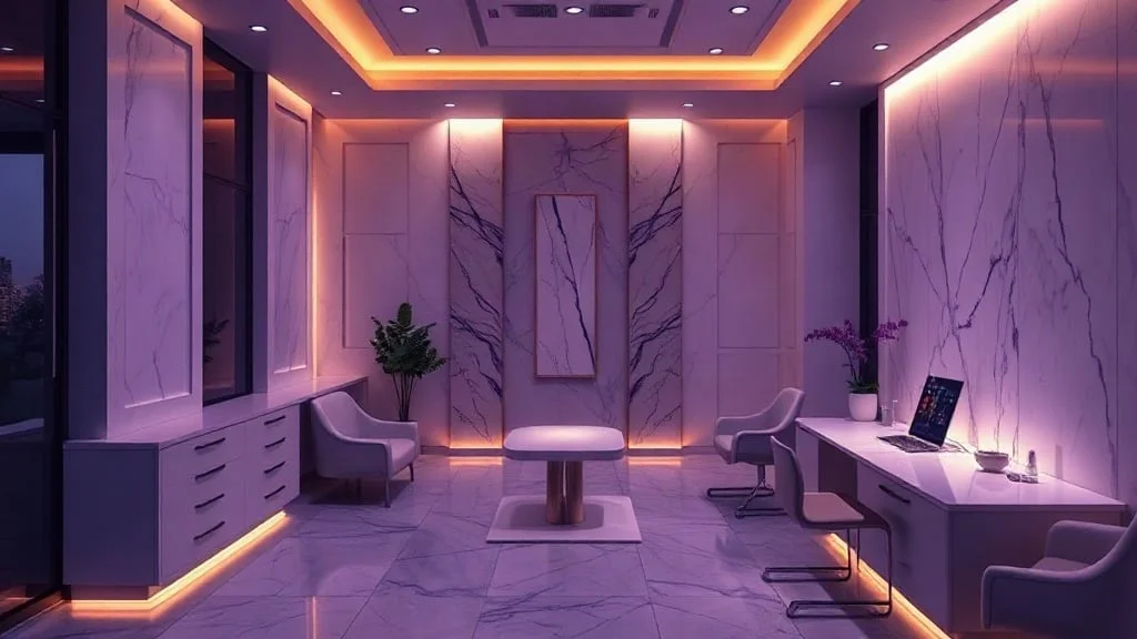 Empty marble consultation suite at dusk in a plastic surgery practice